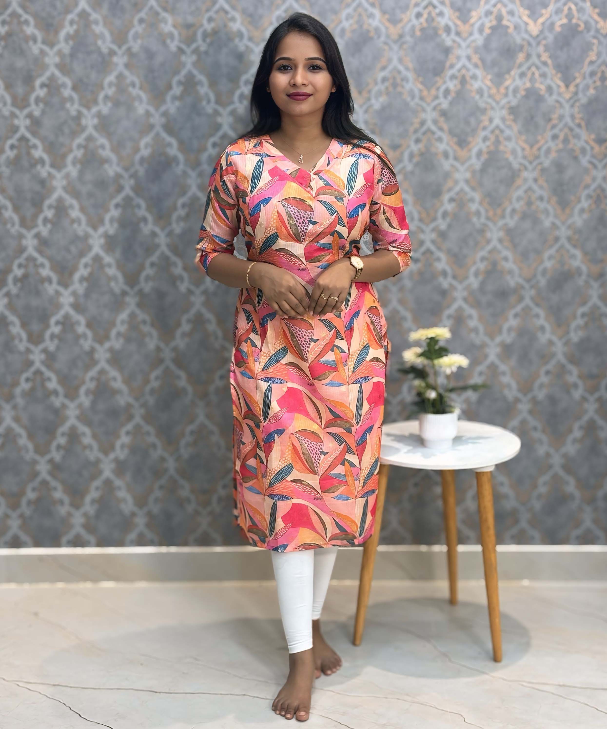 Orange and Multi Color V Neck Premium Kota Cotton Kurti with Lining / LSS195