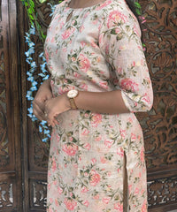 Gloden Color Boat Neck Floral Design Premium Kota Cotton Kurti with Lining / LSS195