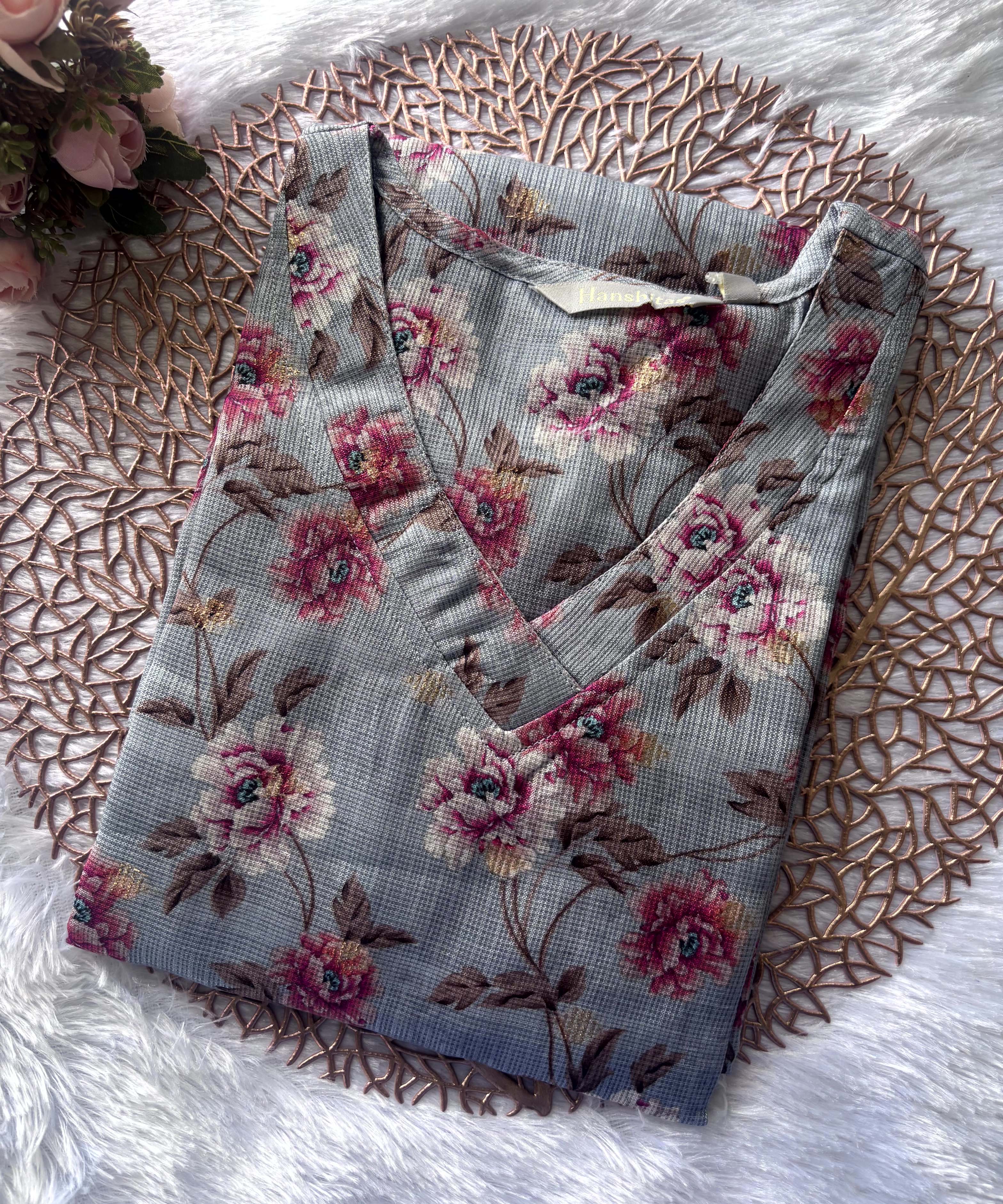 Gray Color V Neck Floral Design Premium Kota Cotton Kurti with Lining / LSS195