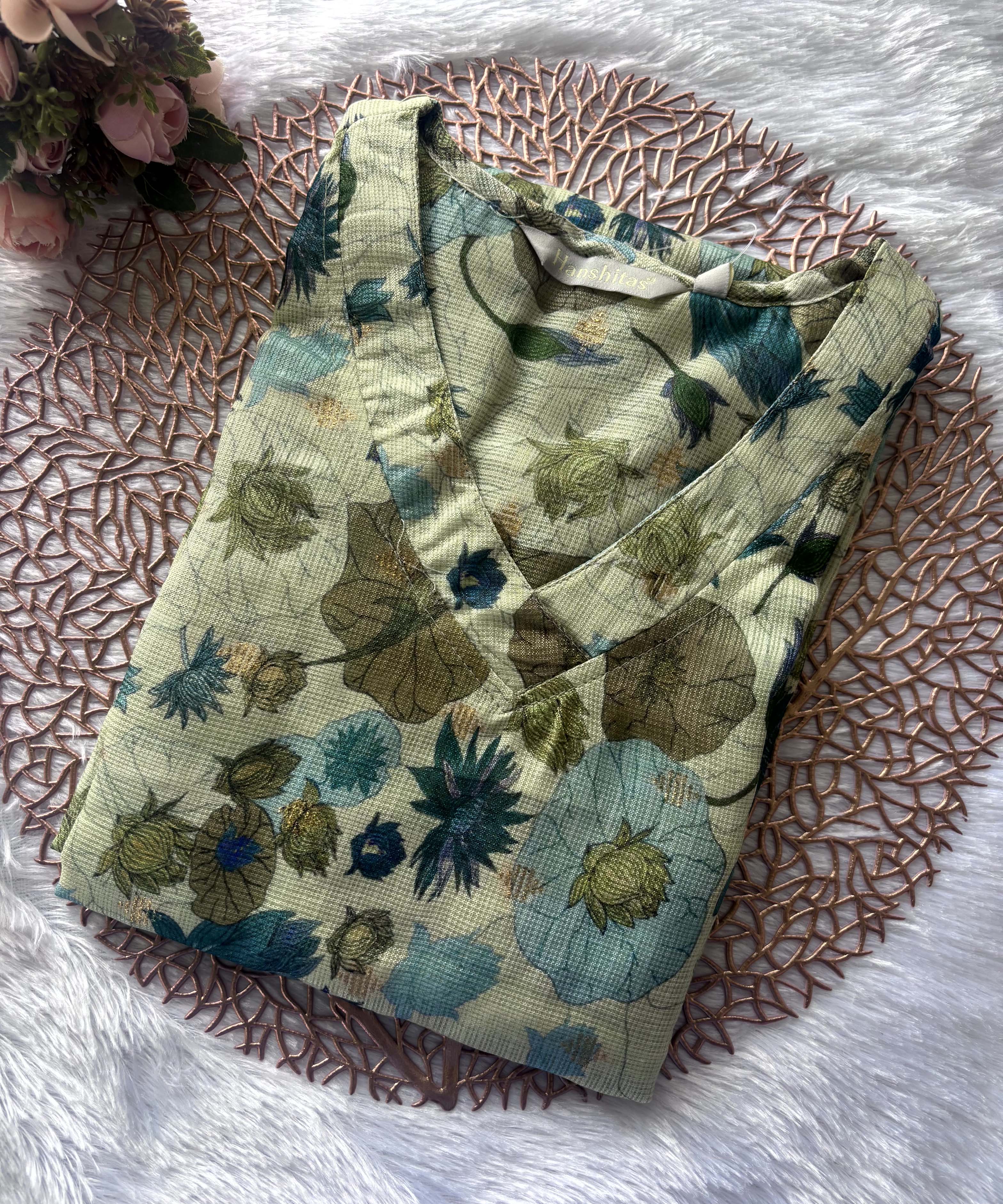 Lite Green Color V Neck Floral Premium Kota Cotton Kurti with Lining / LSS195