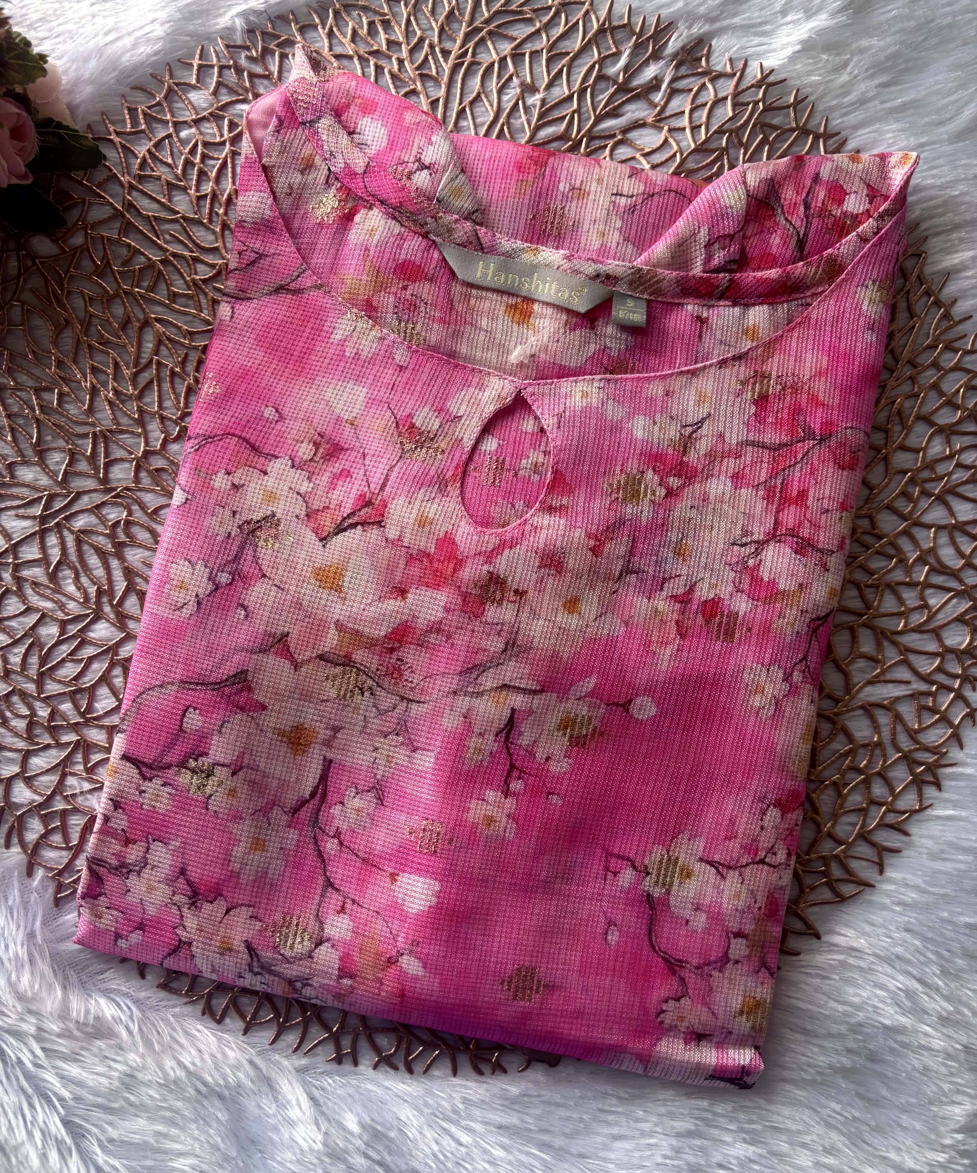Pink Color Boat Neck Floral Design Premium Kota Cotton Kurti with Lining / LSS195
