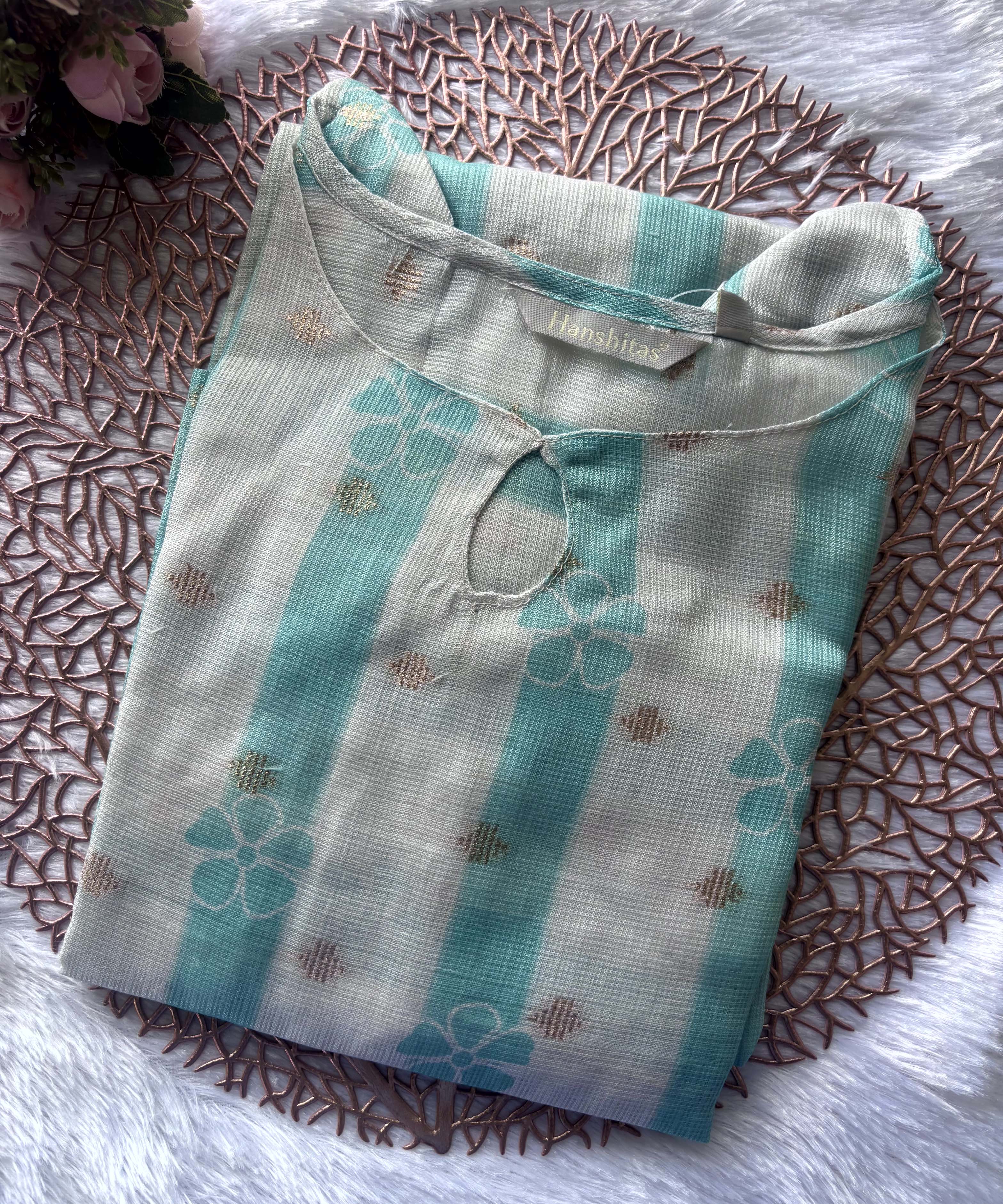 Rama Green and White Color Boat Neck Premium Kota Cotton Kurti with Lining / LSS195