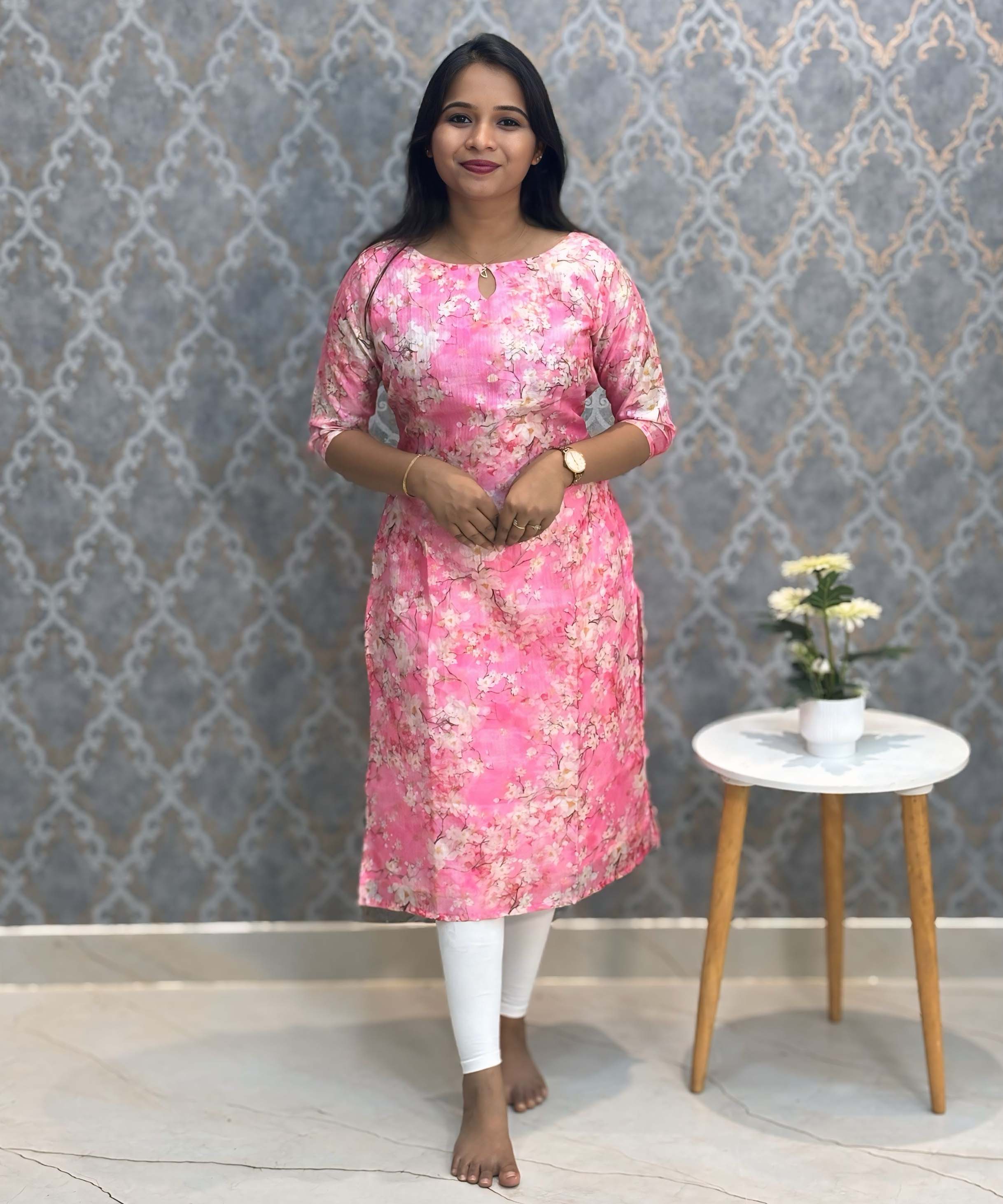 Pink Color Boat Neck Floral Design Premium Kota Cotton Kurti with Lining / LSS195