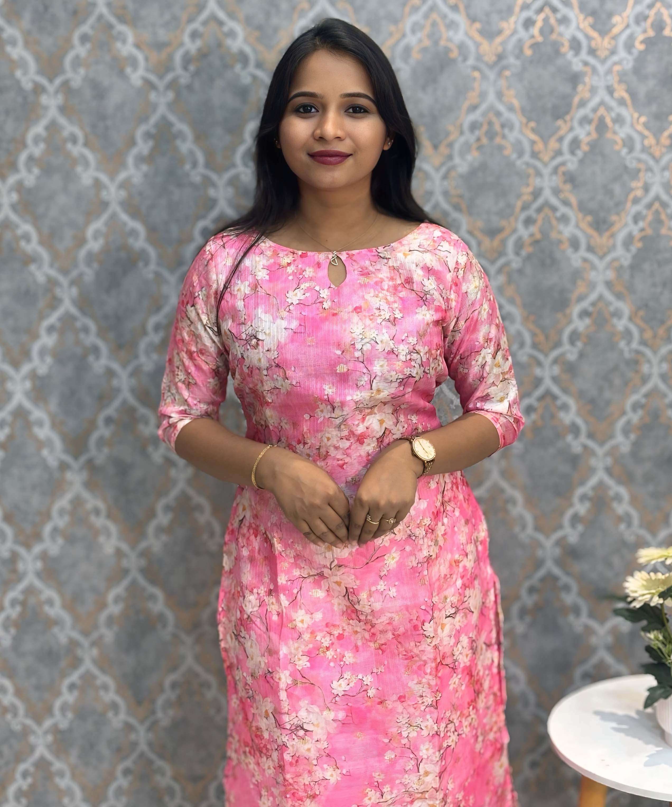 Pink Color Boat Neck Floral Design Premium Kota Cotton Kurti with Lining / LSS195