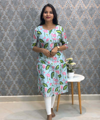 Sea Green Color V Neck Lotus Design Premium Kota Cotton Kurti with Lining / LSS195