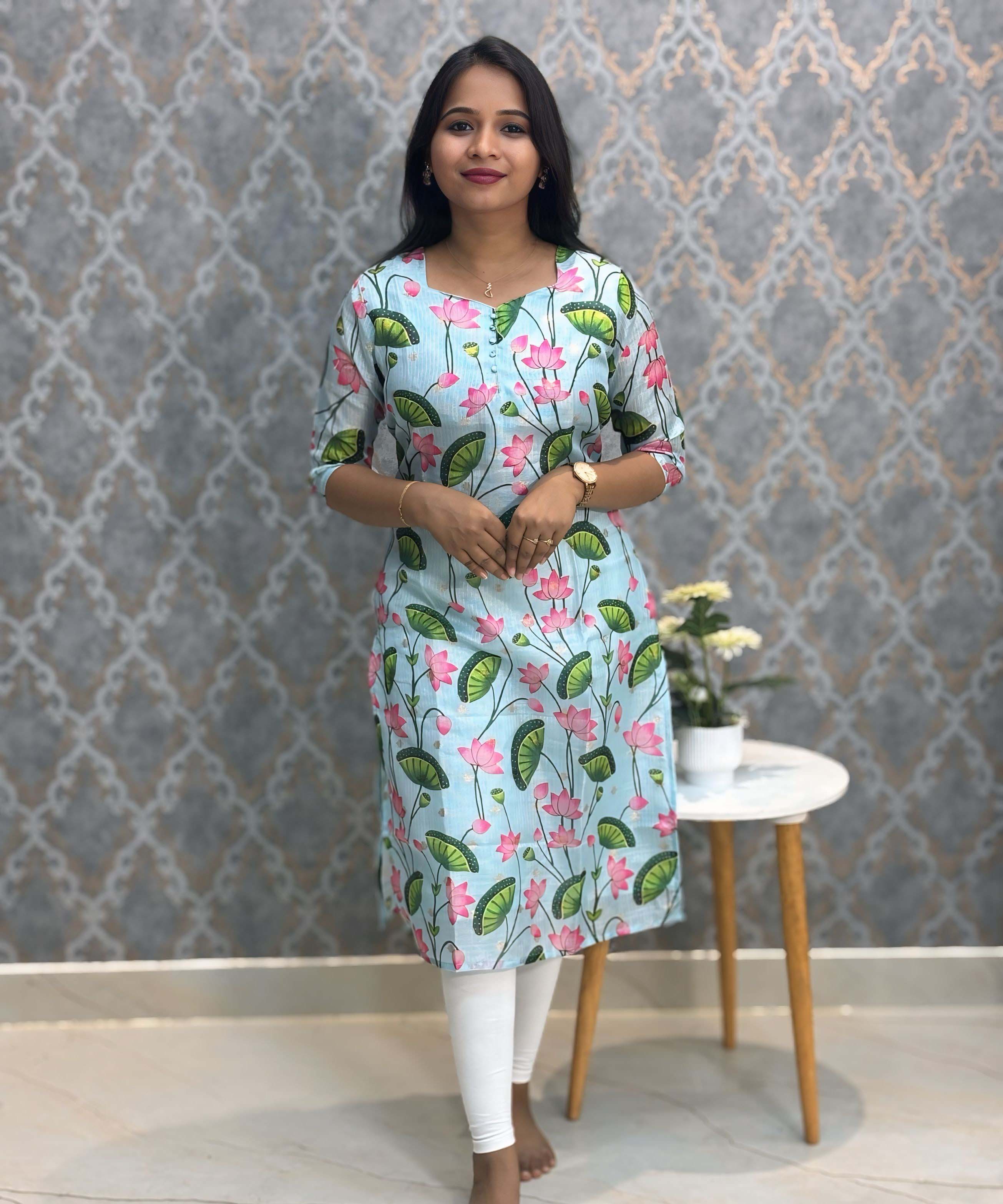 Sea Green Color V Neck Lotus Design Premium Kota Cotton Kurti with Lining / LSS195