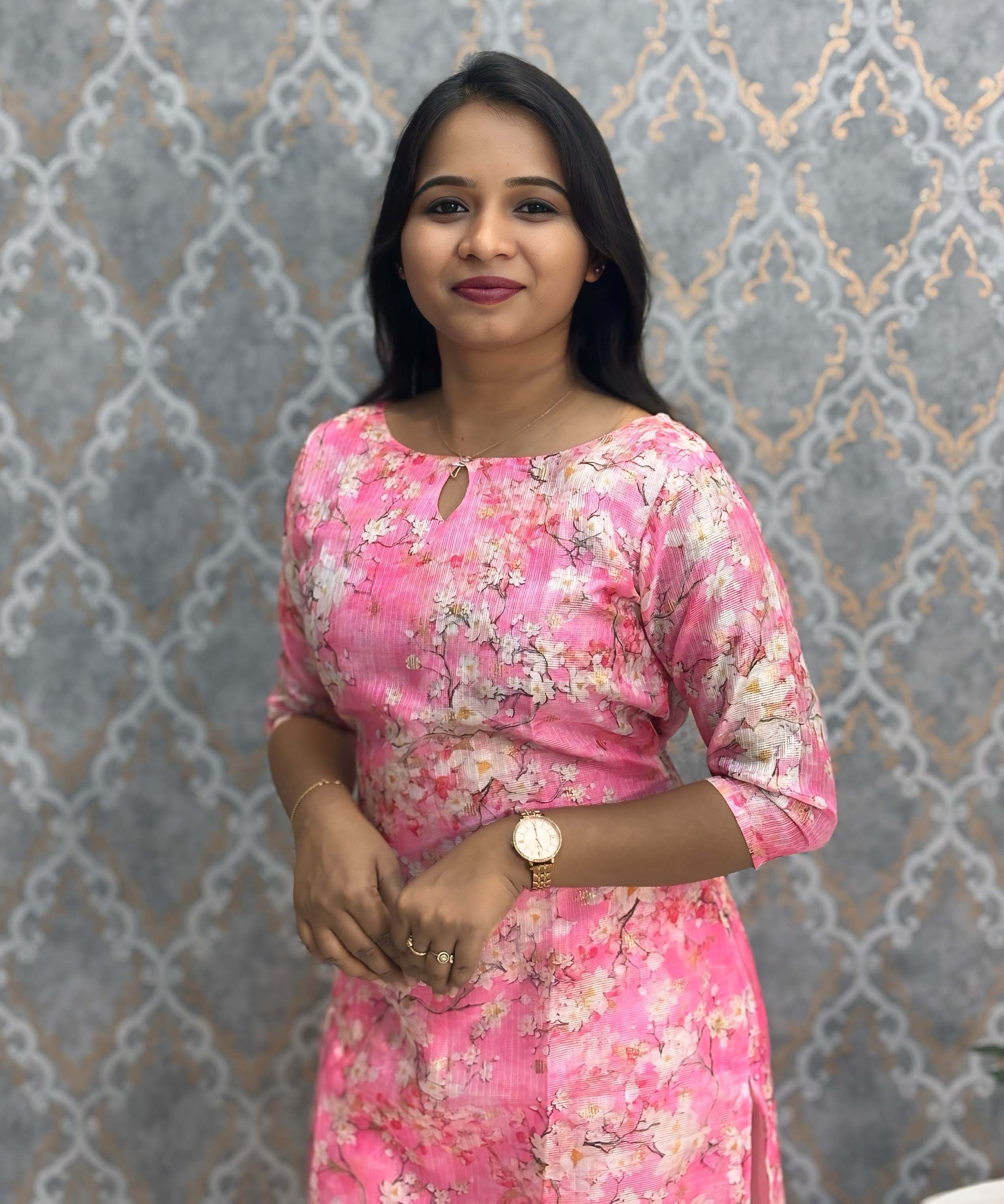 Pink Color Boat Neck Floral Design Premium Kota Cotton Kurti with Lining / LSS195