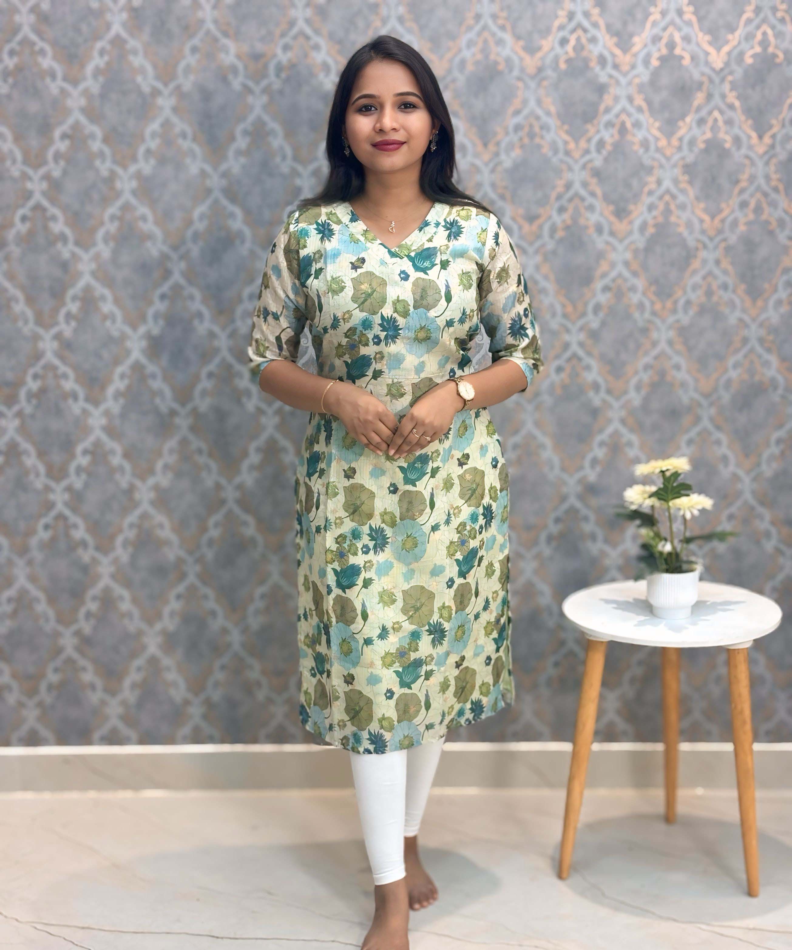 Lite Green Color V Neck Floral Premium Kota Cotton Kurti with Lining / LSS195