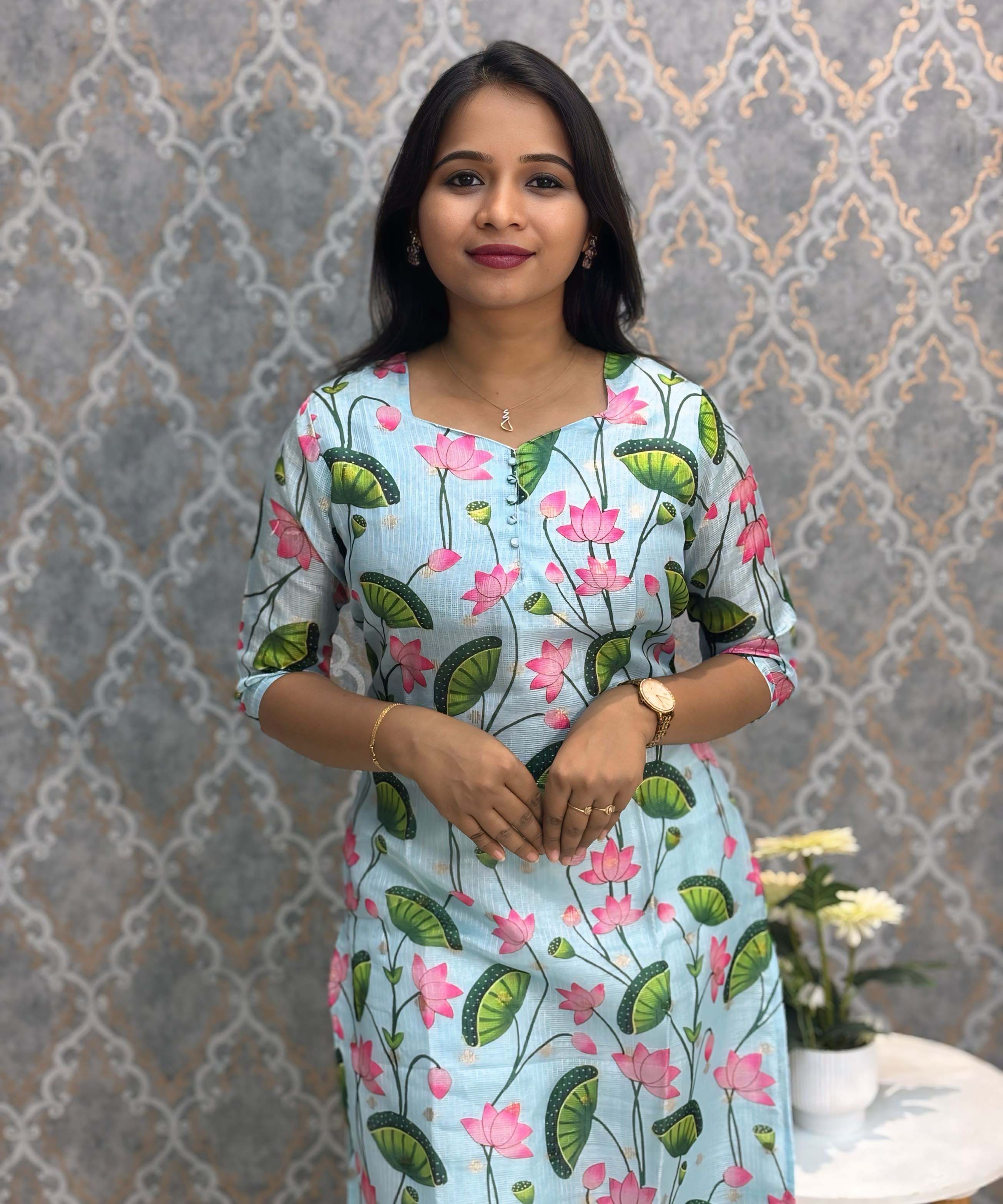 Sea Green Color V Neck Lotus Design Premium Kota Cotton Kurti with Lining / LSS195
