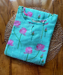 Sea Blue and Pink Color Floral Design Boat Neck Premium Linen Bubble Cotton Kurti with Lining / LSS167