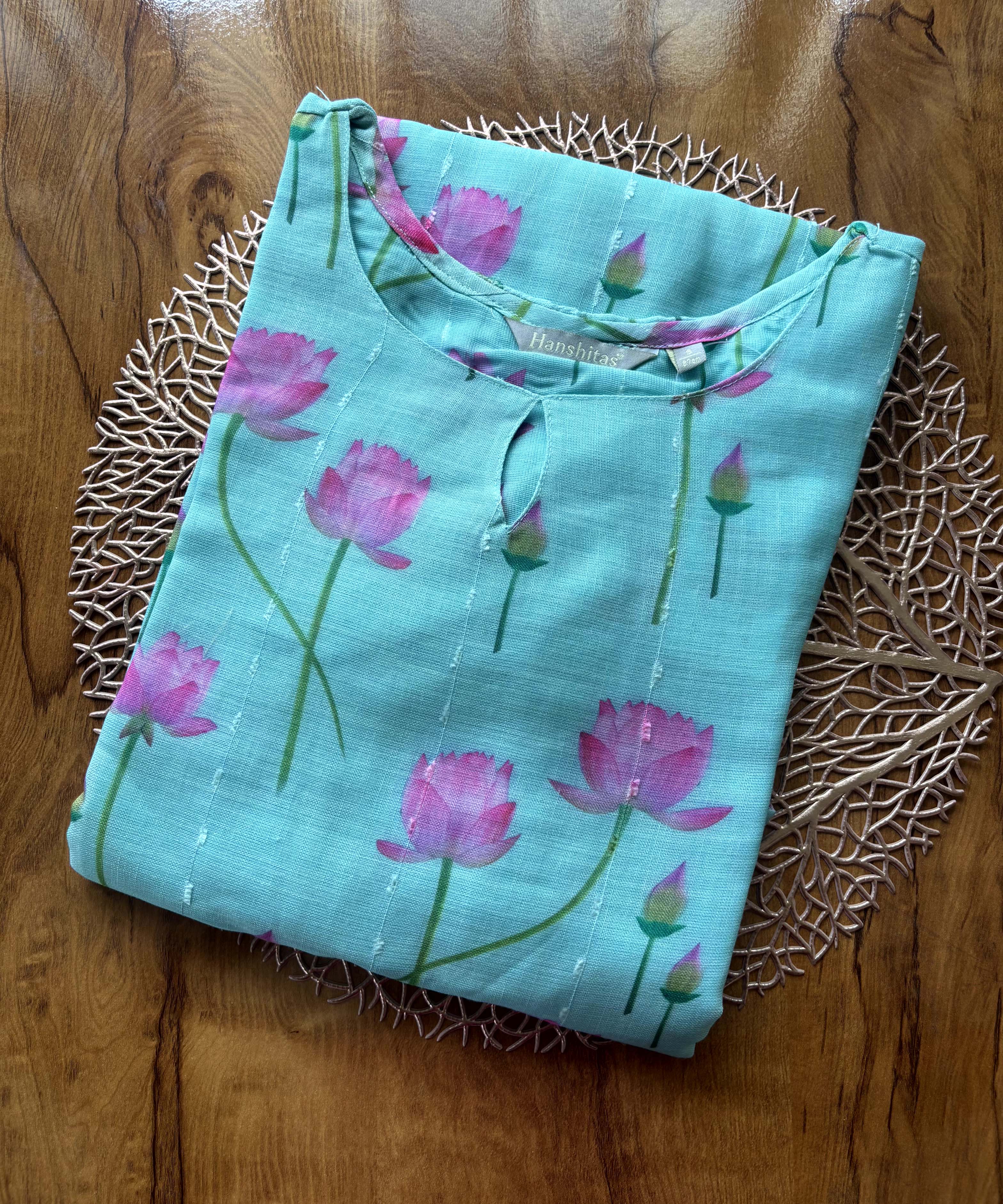 Sea Blue and Pink Color Floral Design Boat Neck Premium Linen Bubble Cotton Kurti with Lining / LSS167