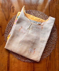 Beige and Yellow Color Floral Design Boat Neck Premium Linen Bubble Cotton Kurti with Lining / LSS167