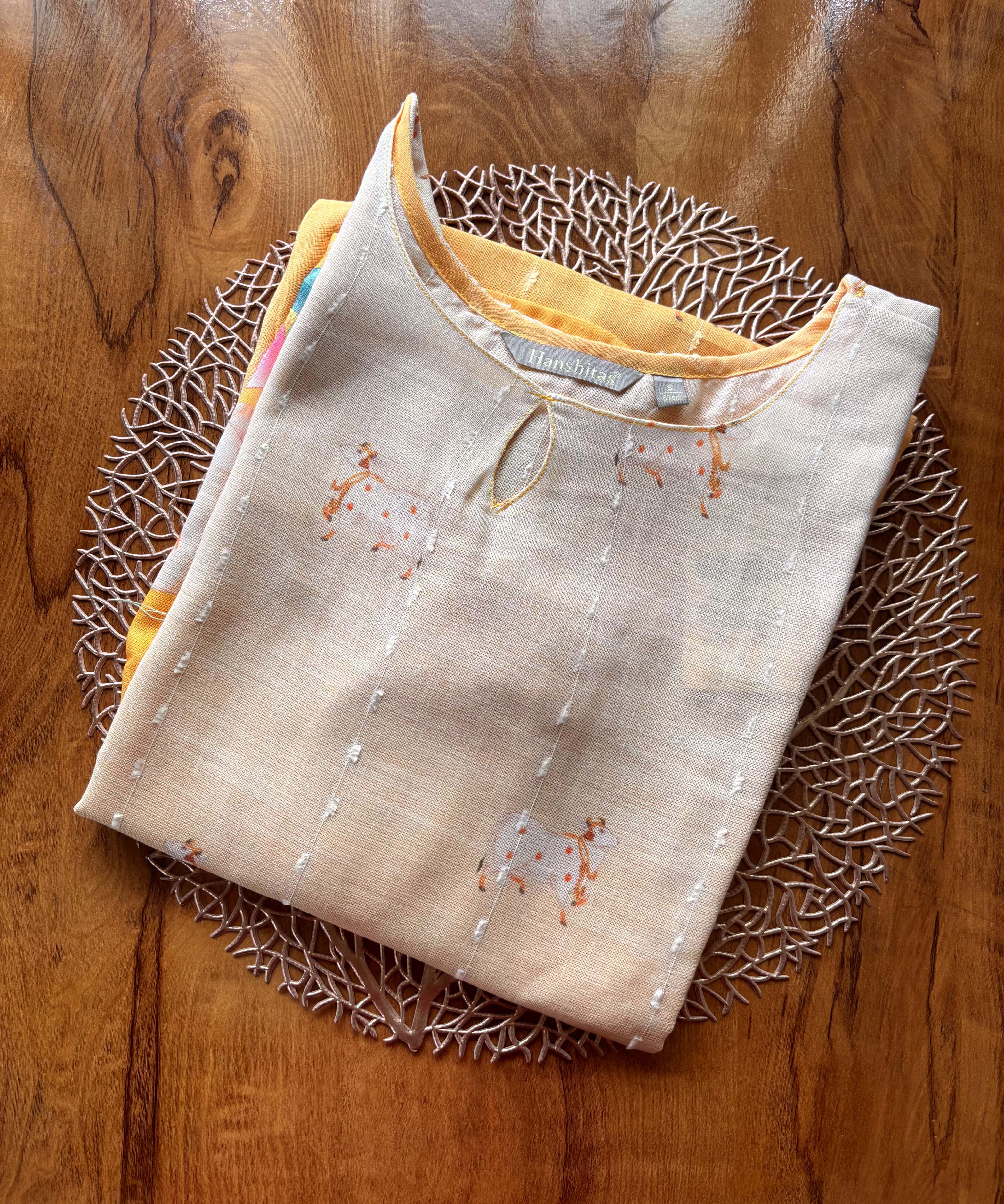 Beige and Yellow Color Floral Design Boat Neck Premium Linen Bubble Cotton Kurti with Lining / LSS167