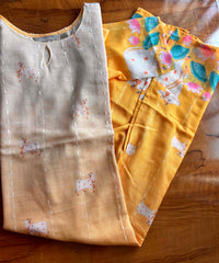 Beige and Yellow Color Floral Design Boat Neck Premium Linen Bubble Cotton Kurti with Lining / LSS167