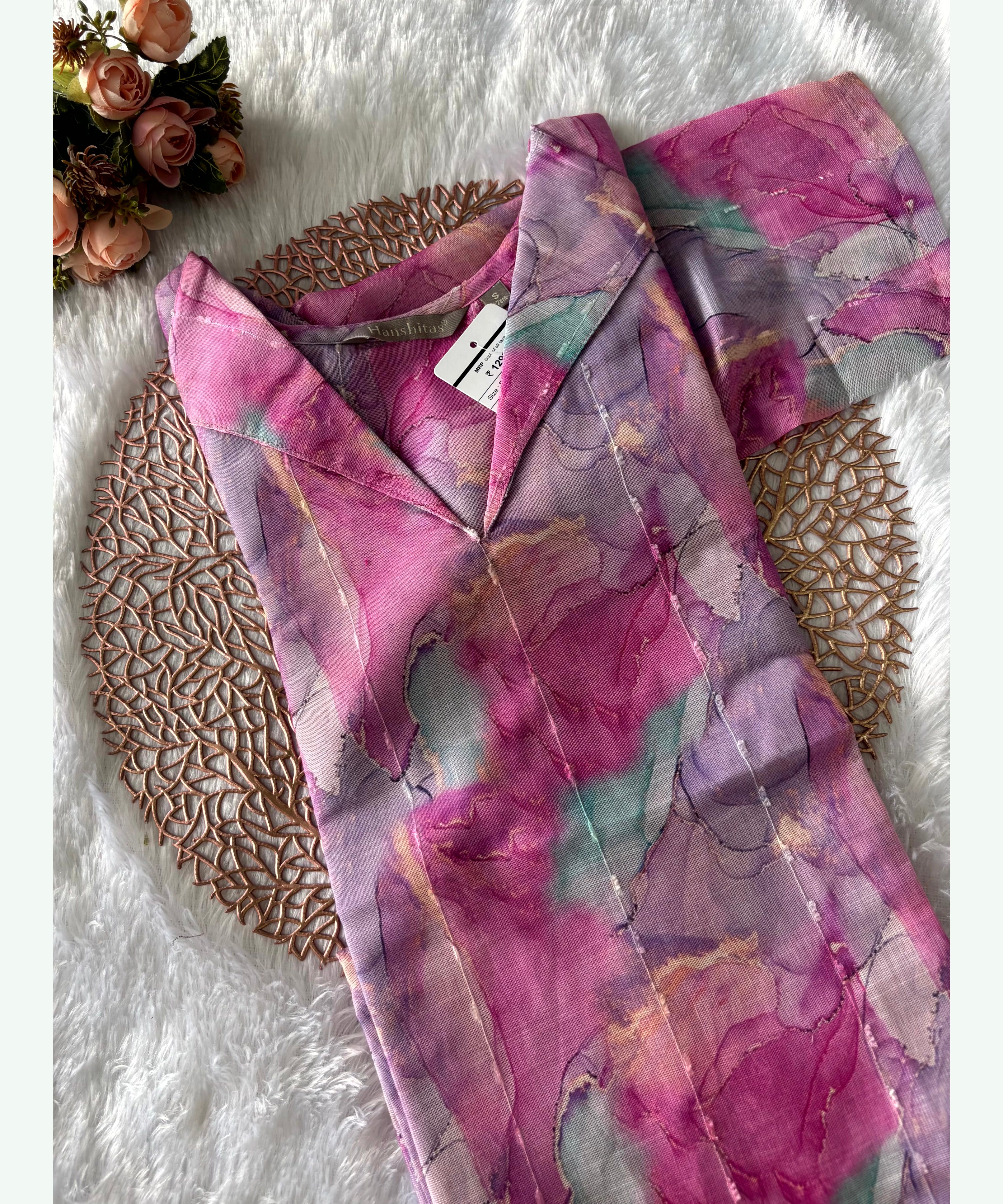 Purple and Pink Color Collar V Neck Premium Linen Bubble Cotton Long Length Kurtis with Lining / LSS167