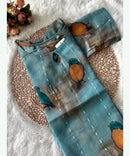 Blue Color Bird Design Boat Neck Premium Linen Bubble Cotton Long Length Kurtis with Lining / LSS167