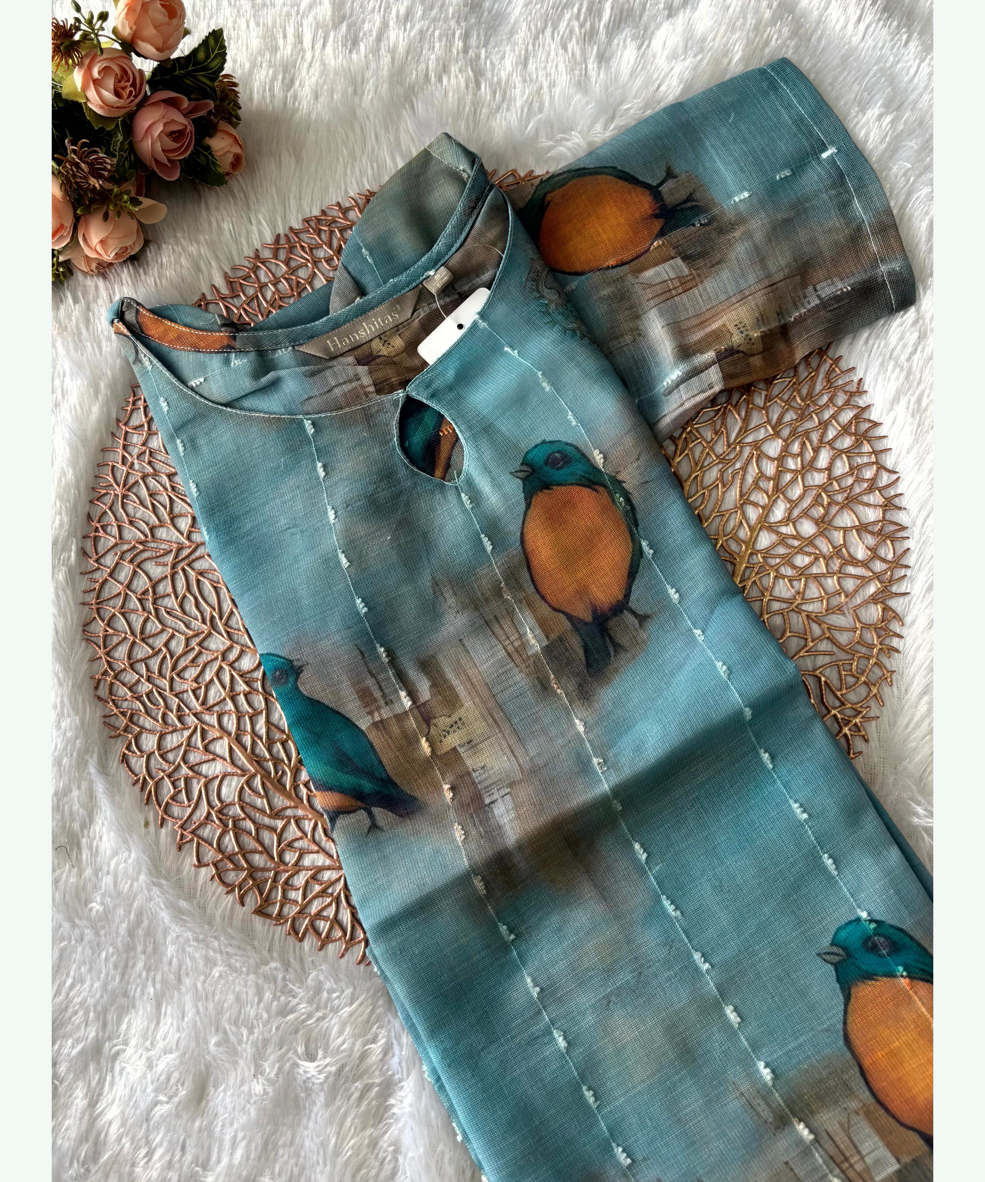 Blue Color Bird Design Boat Neck Premium Linen Bubble Cotton Long Length Kurtis with Lining / LSS167