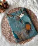 Blue Color Bird Design Boat Neck Premium Linen Bubble Cotton Long Length Kurtis with Lining / LSS167