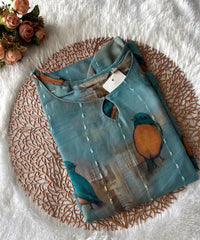 Blue Color Bird Design Boat Neck Premium Linen Bubble Cotton Long Length Kurtis with Lining / LSS167
