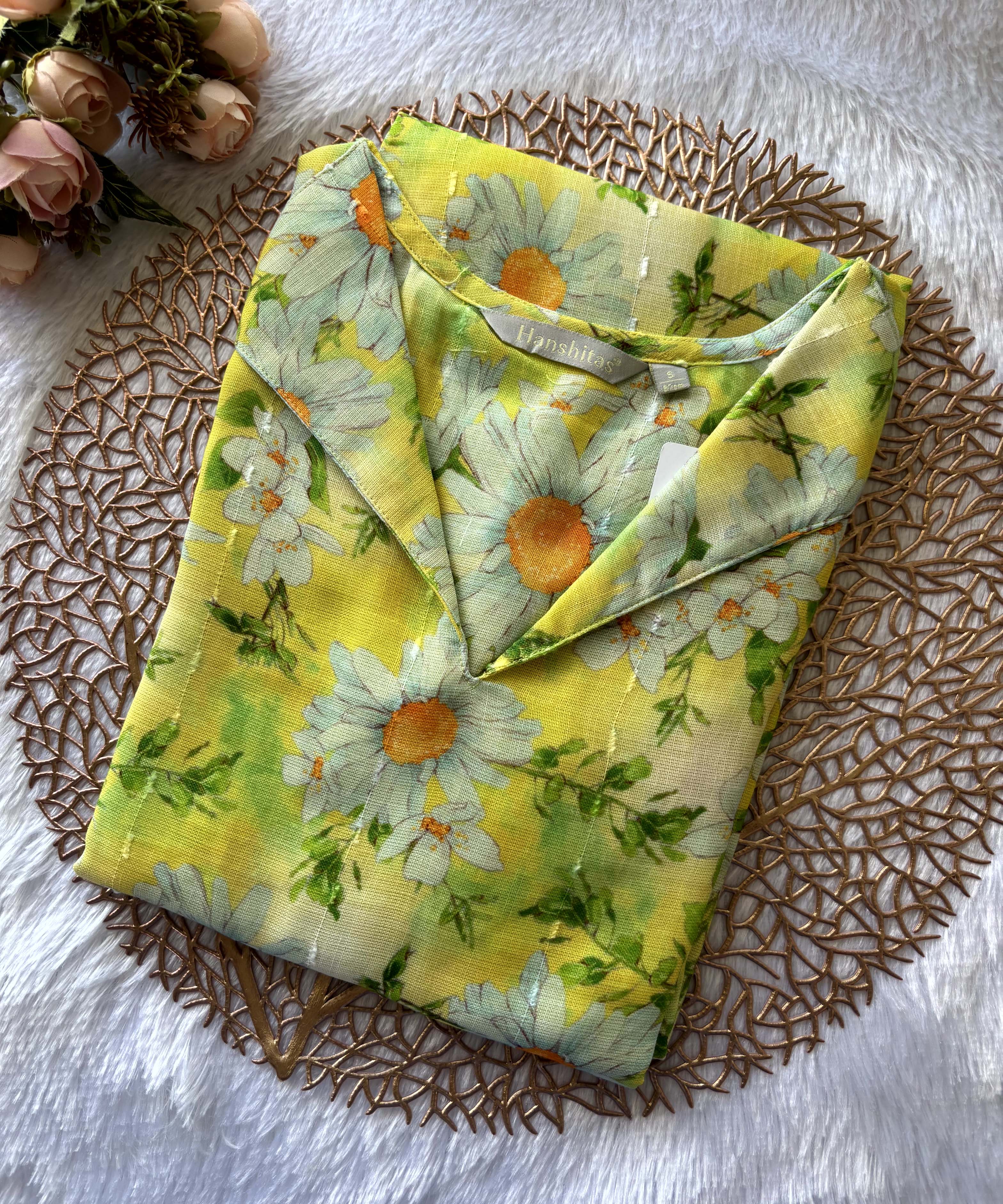 Lemon Yellow Color Floral Design Collar V Neck Premium Linen Bubble Cotton Kurti with Lining / LSS167
