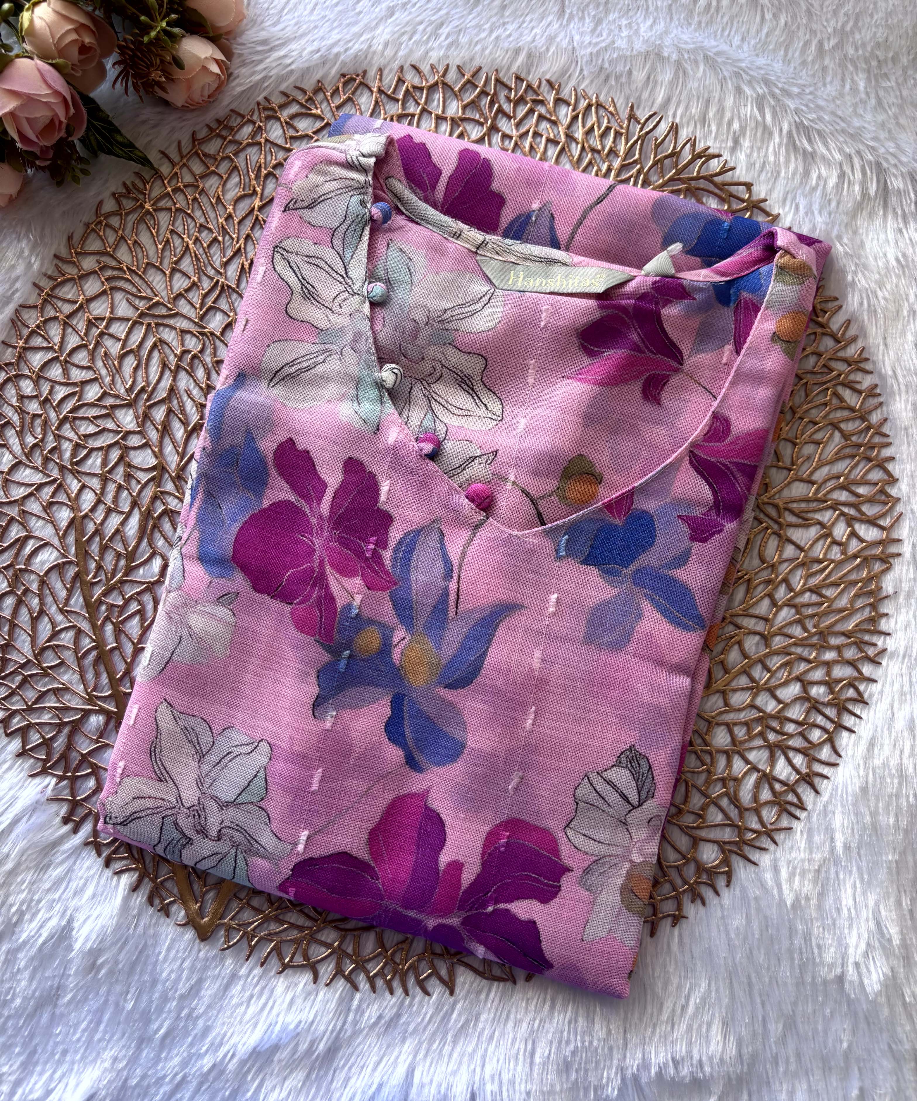 Lite Purple Color Floral Design V Neck Premium Linen Bubble Cotton Long Length Kurtis with Lining / LSS167