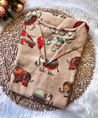 Beige Color Elephant Design Collar V Neck Premium Linen Bubble Cotton Kurti with Lining / LSS167