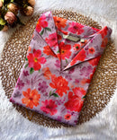 Violet and Pink Color Floral Design Collar V Neck Premium Linen Bubble Cotton Kurti with Lining / LSS167