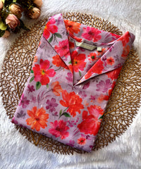 Violet and Pink Color Floral Design Collar V Neck Premium Linen Bubble Cotton Kurti with Lining / LSS167