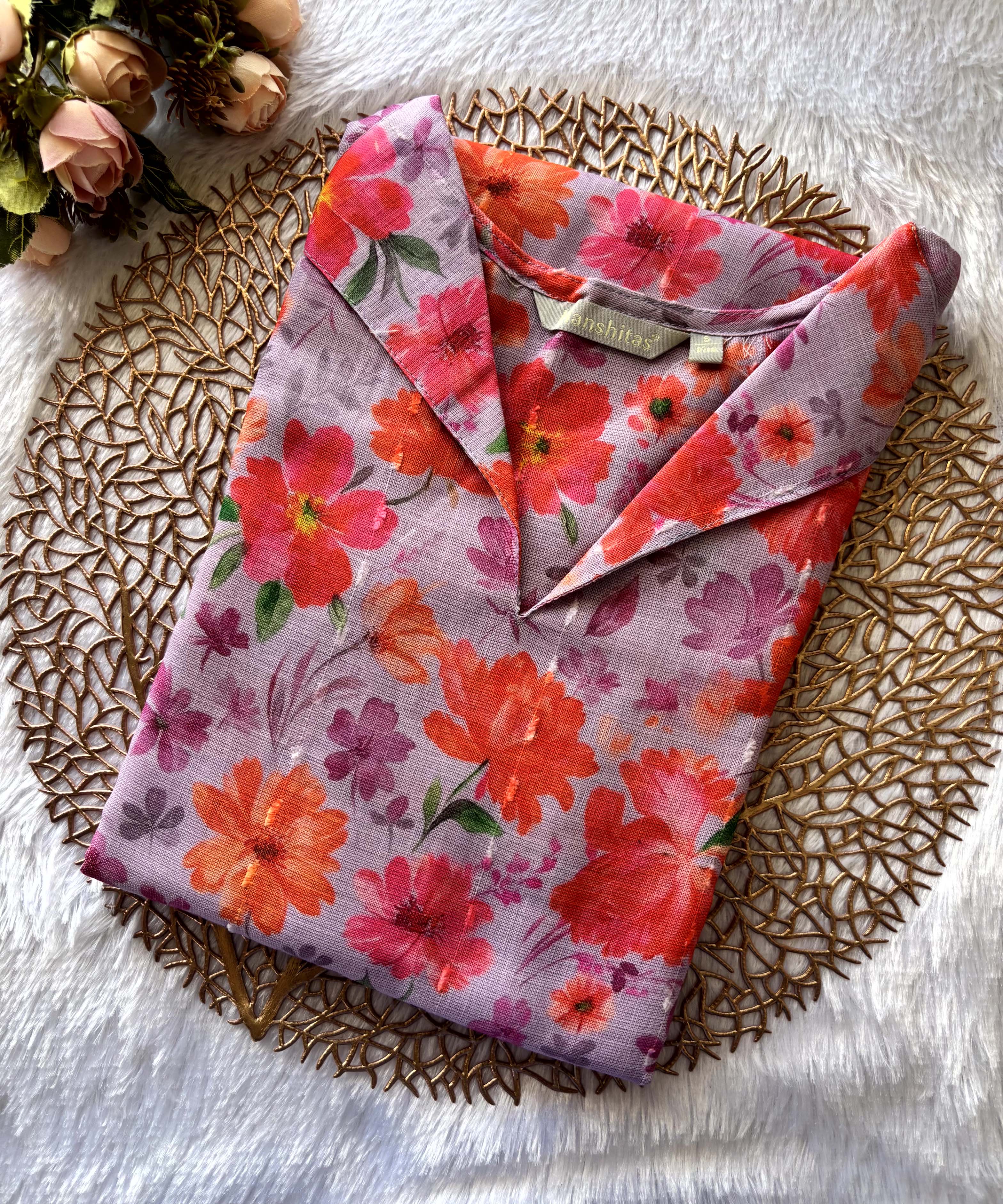 Violet and Pink Color Floral Design Collar V Neck Premium Linen Bubble Cotton Kurti with Lining / LSS167