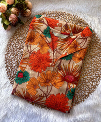 Orange and Beige Color Floral Design Collar V Neck Premium Linen Bubble Cotton Kurti with Lining / LSS167