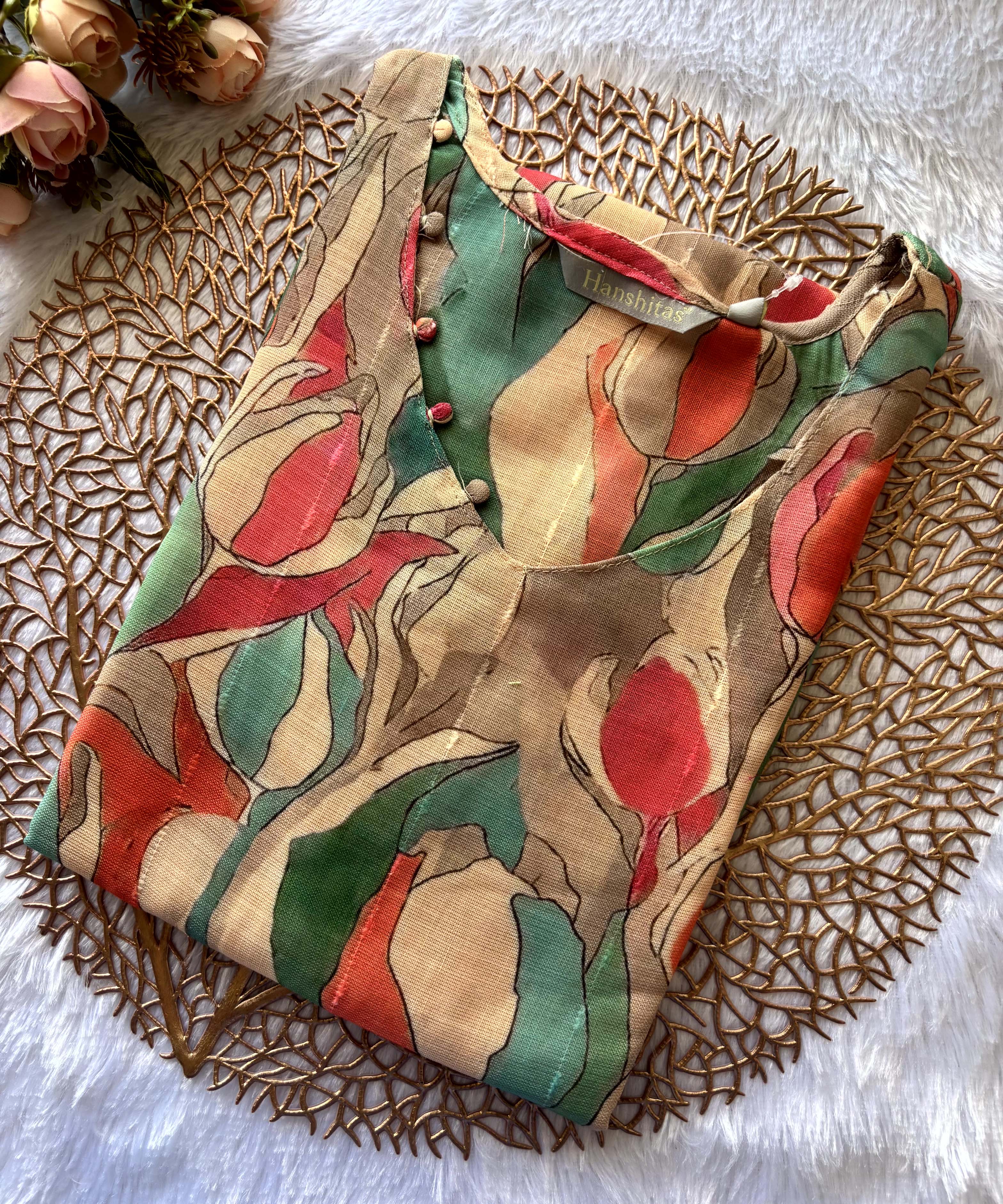 Orange and Green Color Floral Design V Neck Premium Linen Bubble Cotton Kurti with Lining / LSS167