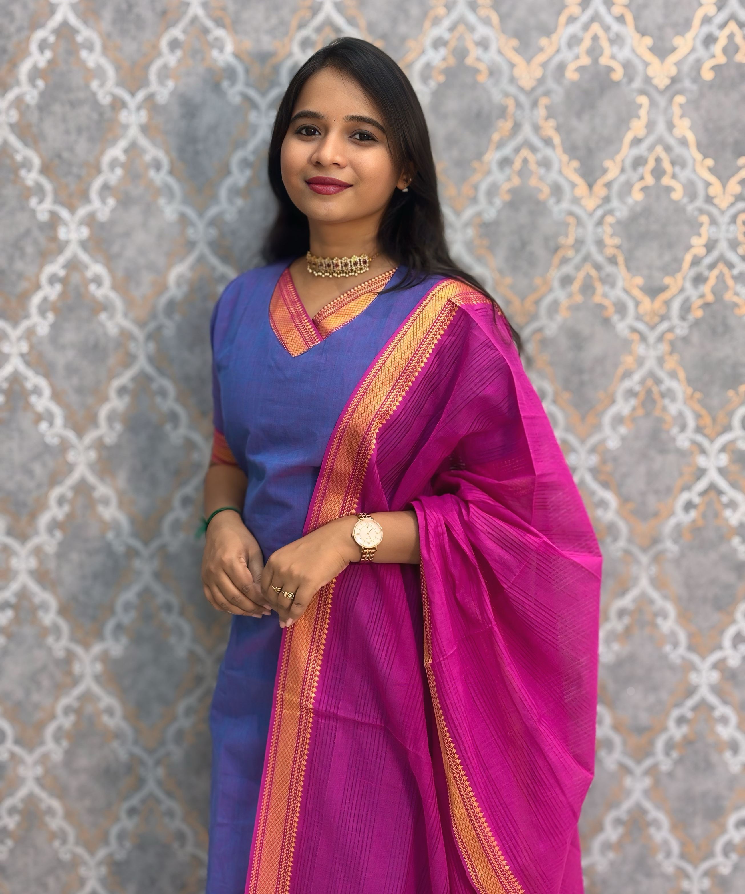 Lavender Blue and Pink Color Premium Mangalagiri Cotton 3 Piece Salwar Set with Pocket / LSS219