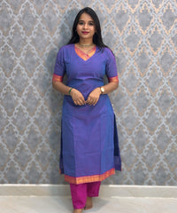 Lavender Blue and Pink Color Premium Mangalagiri Cotton 3 Piece Salwar Set with Pocket / LSS219