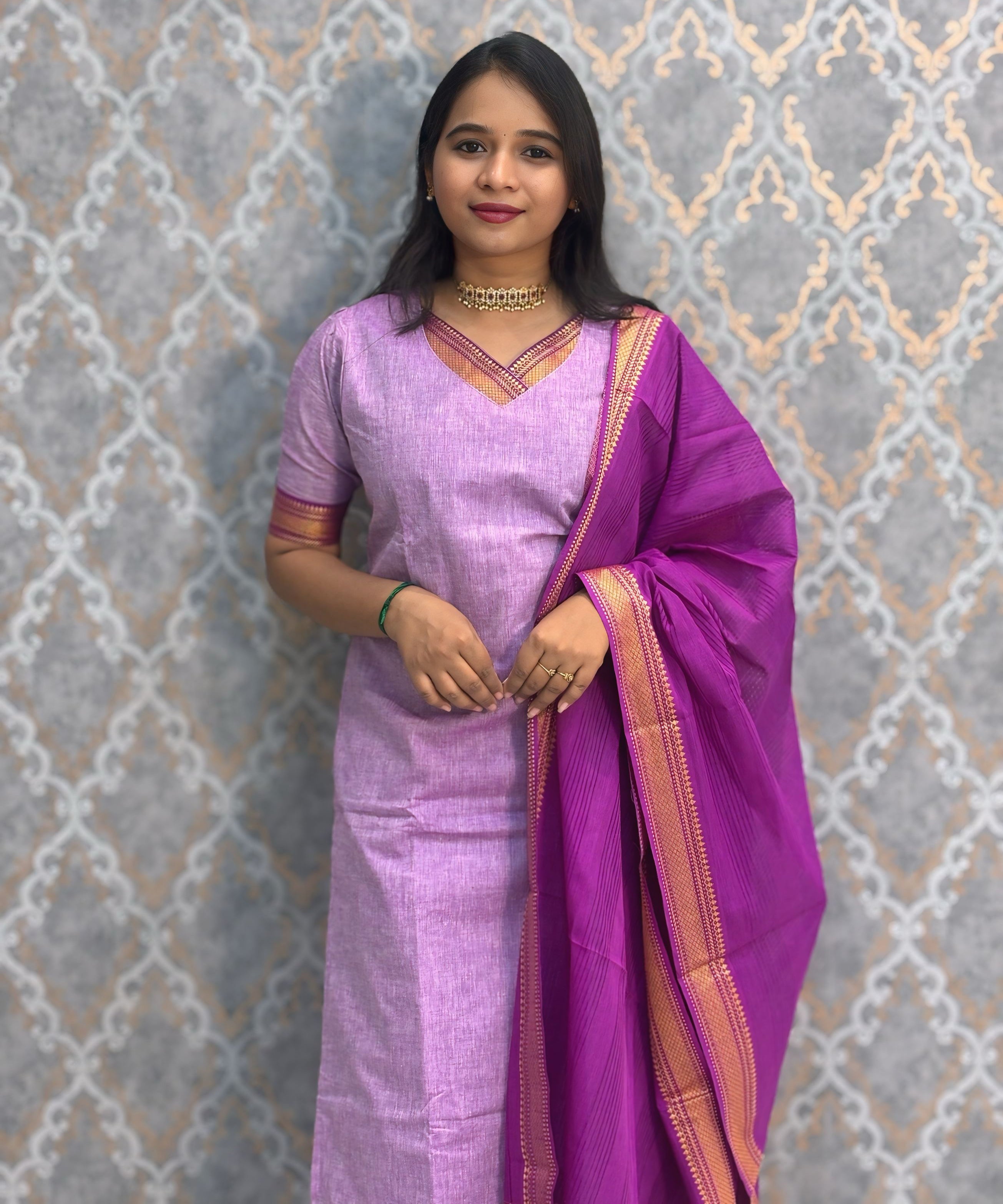Lavender and Purple Color Premium Mangalagiri Cotton 3 Piece Salwar Set with Pocket / LSS219