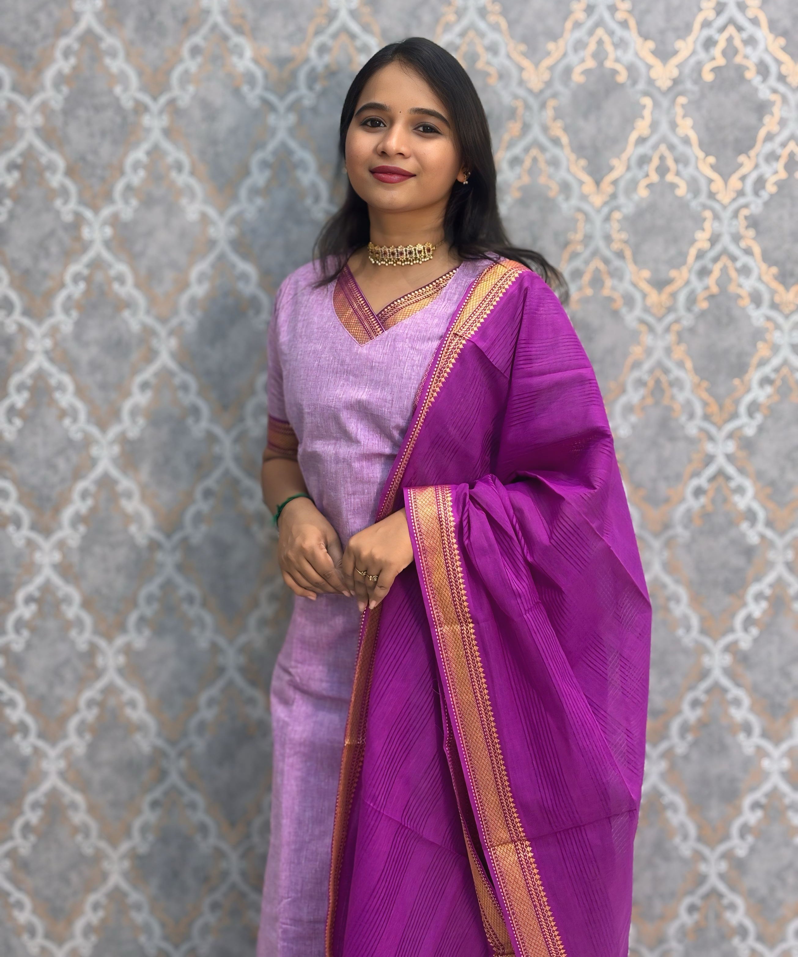 Lavender and Purple Color Premium Mangalagiri Cotton 3 Piece Salwar Set with Pocket / LSS219