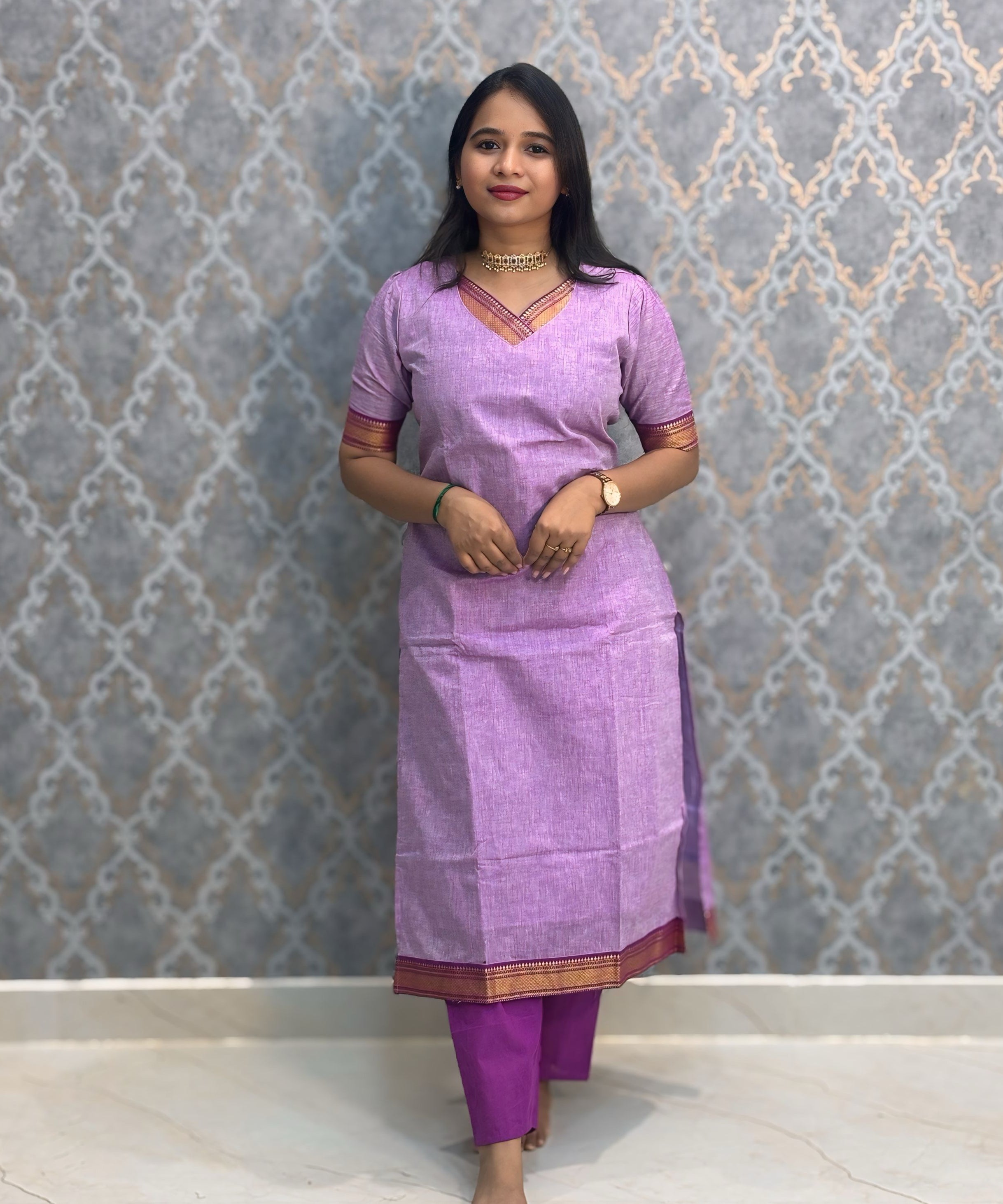 Lavender and Purple Color Premium Mangalagiri Cotton 3 Piece Salwar Set with Pocket / LSS219