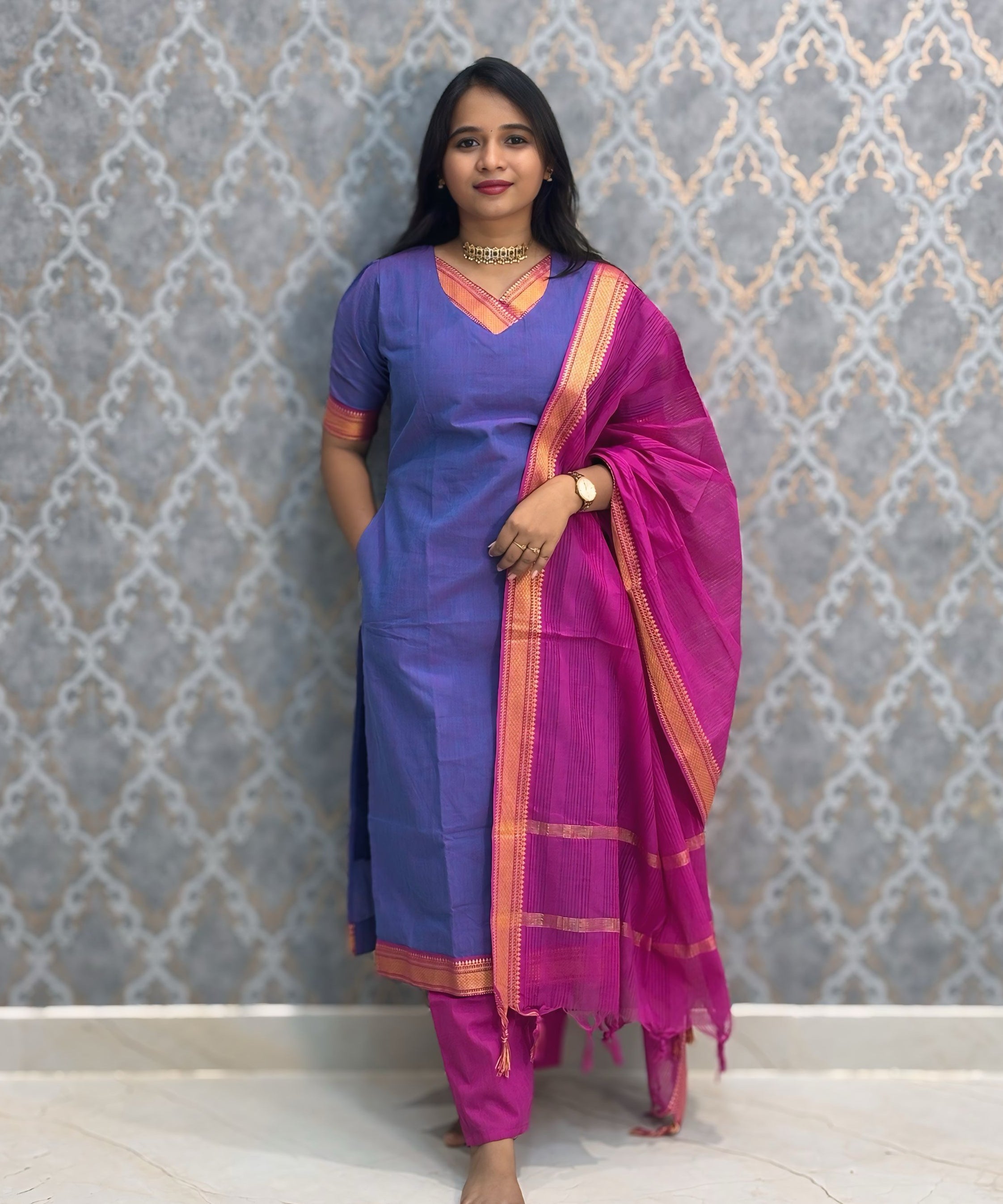 Lavender Blue and Pink Color Premium Mangalagiri Cotton 3 Piece Salwar Set with Pocket / LSS219