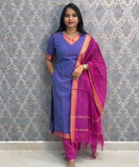 Lavender Blue and Pink Color Premium Mangalagiri Cotton 3 Piece Salwar Set with Pocket / LSS219