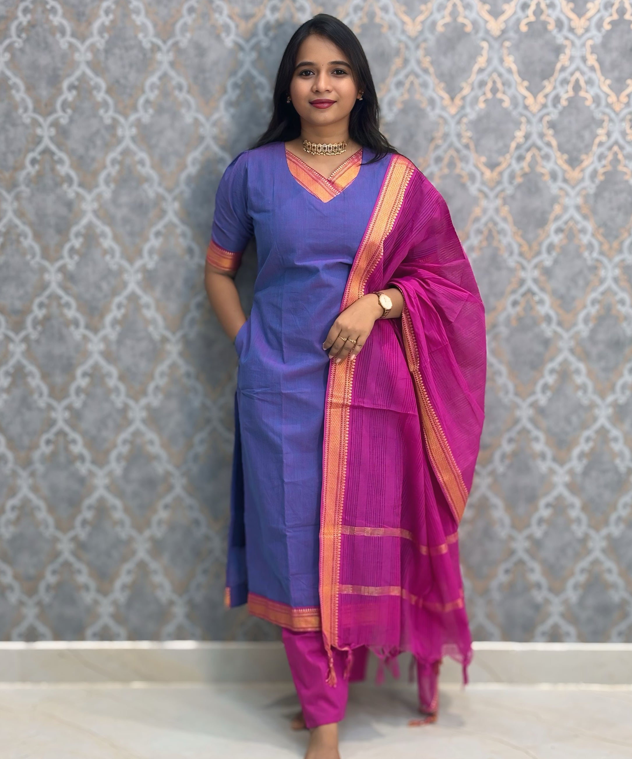Lavender Blue and Pink Color Premium Mangalagiri Cotton 3 Piece Salwar Set with Pocket / LSS219