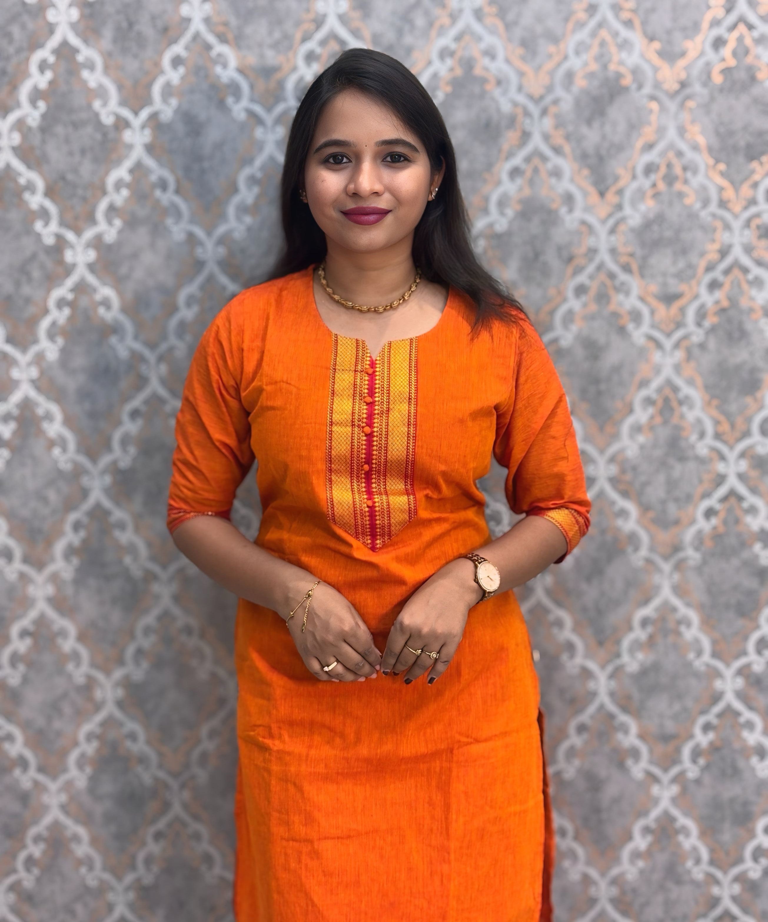 Orange and Red Color Premium Mangalagiri Cotton 3 Piece Salwar Set with Pocket / LSS228