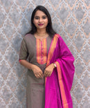 Grey with peach and Magenta Color Premium Mangalagiri Cotton 3 Piece Salwar Set with Pocket / LSS228