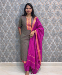 Grey with peach and Magenta Color Premium Mangalagiri Cotton 3 Piece Salwar Set with Pocket / LSS228