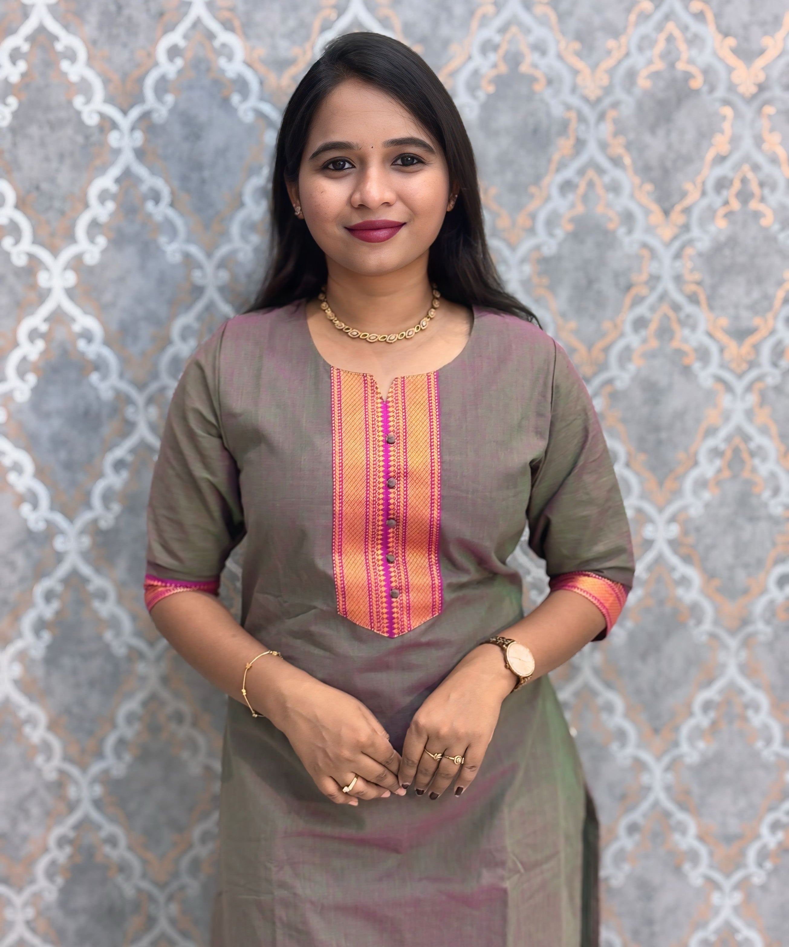 Grey with peach and Magenta Color Premium Mangalagiri Cotton 3 Piece Salwar Set with Pocket / LSS228