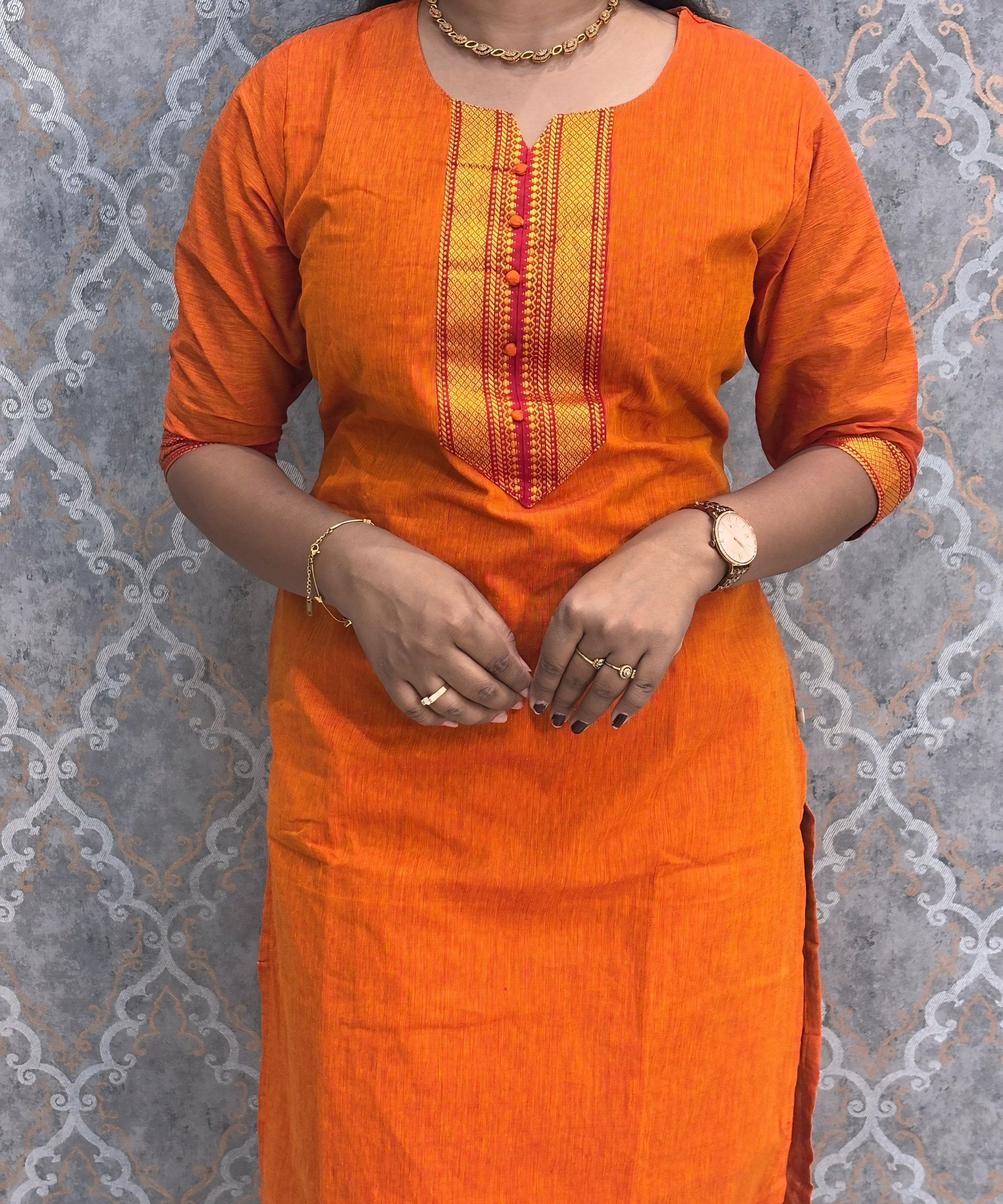 Orange and Red Color Premium Mangalagiri Cotton 3 Piece Salwar Set with Pocket / LSS228