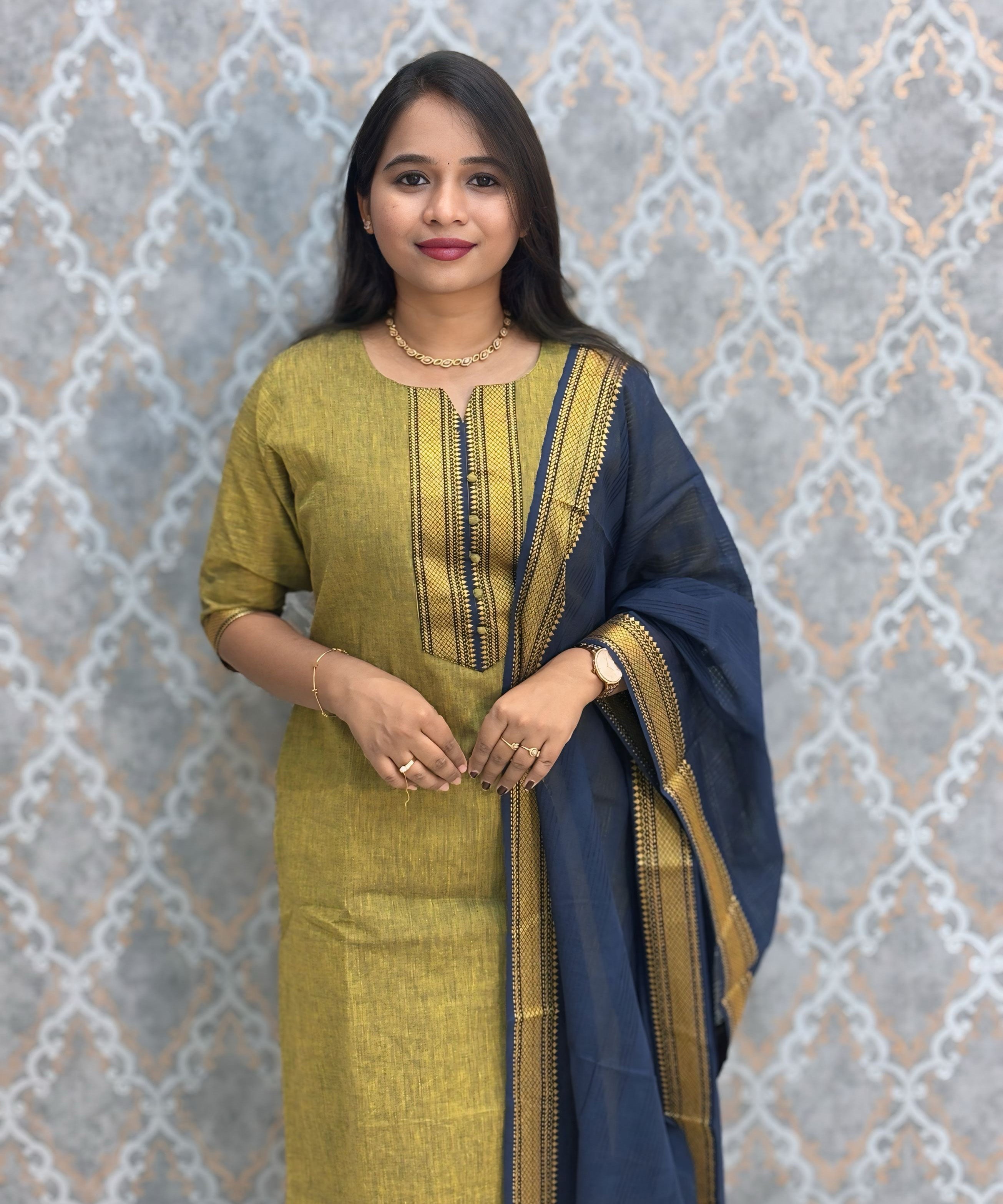 Olive Green and Navy Blue Color Premium Mangalagiri Cotton 3 Piece Salwar Set with Pocket / LSS228