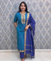 Teal Blue and Royal Blue Color Premium Mangalagiri Cotton 3 Piece Salwar Set with Pocket / LSS228