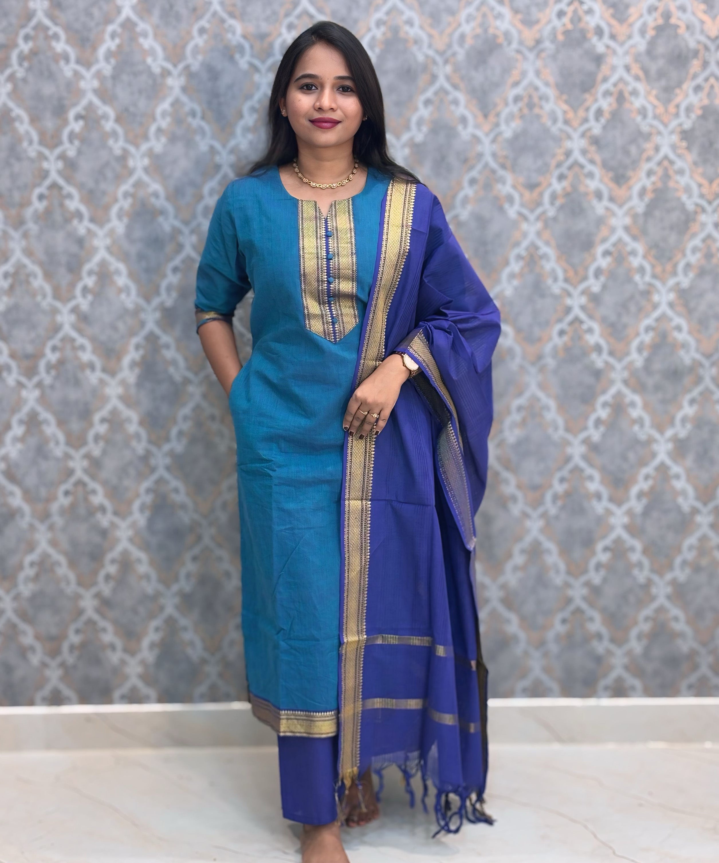 Teal Blue and Royal Blue Color Premium Mangalagiri Cotton 3 Piece Salwar Set with Pocket / LSS228