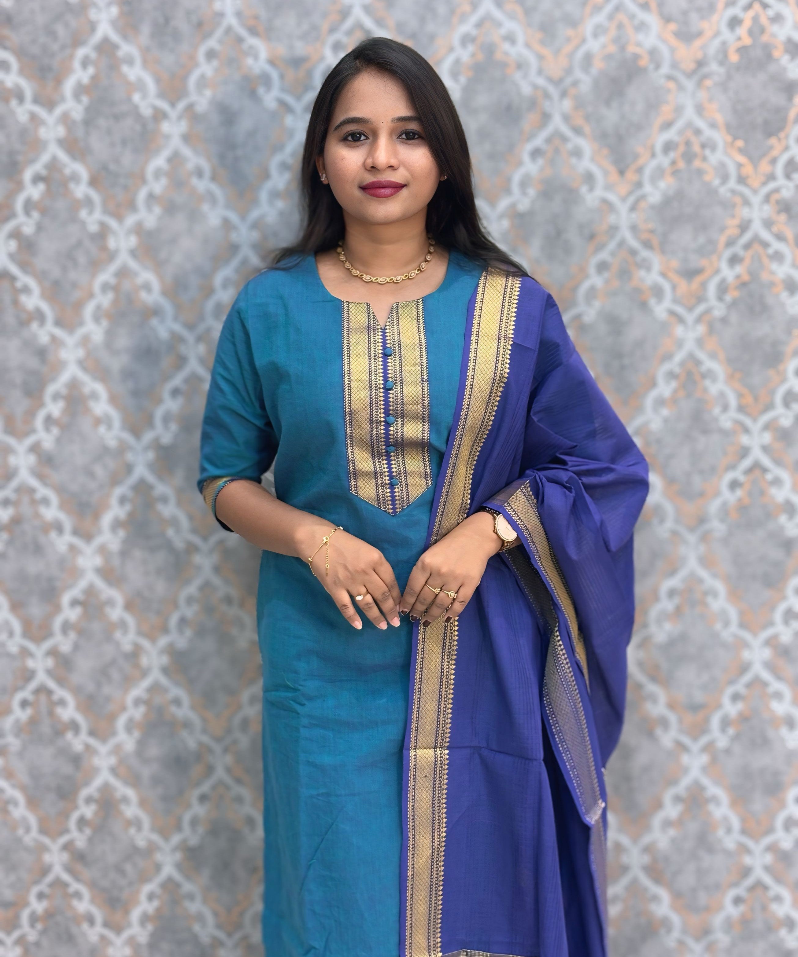 Teal Blue and Royal Blue Color Premium Mangalagiri Cotton 3 Piece Salwar Set with Pocket / LSS228