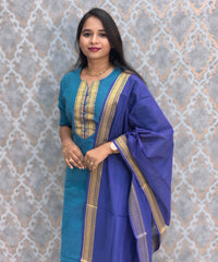Teal Blue and Royal Blue Color Premium Mangalagiri Cotton 3 Piece Salwar Set with Pocket / LSS228