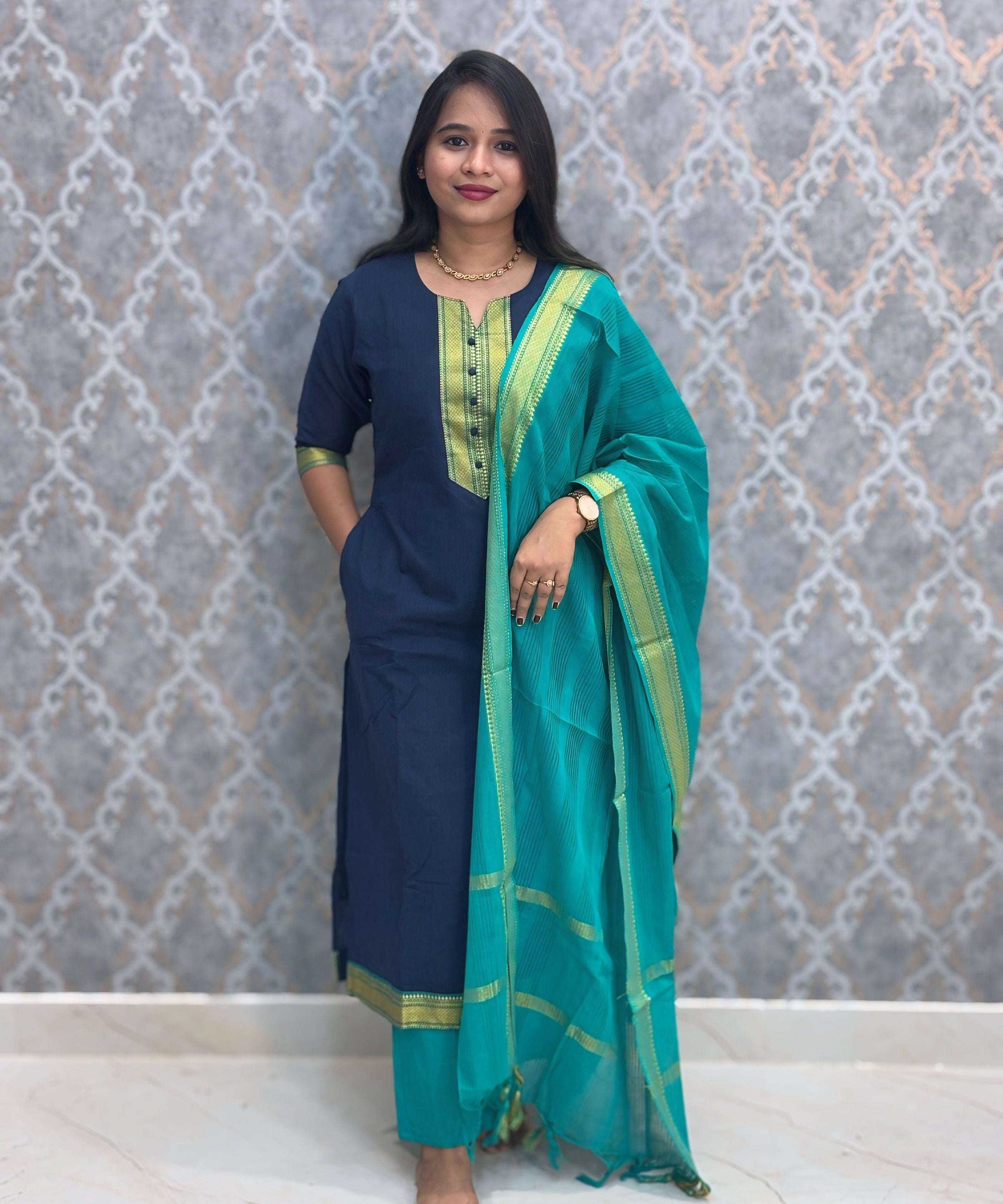 Navy Blue and Rama Green Color Premium Mangalagiri Cotton 3 Piece Salwar Set with Pocket / LSS228